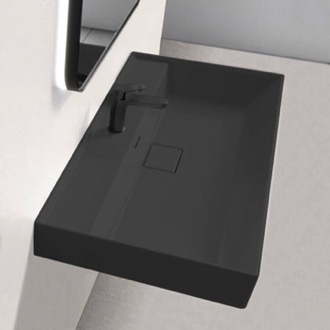 Bathroom Sink Rectangular Matte Black Ceramic Wall Mounted or Drop In Sink CeraStyle 037307-U-97